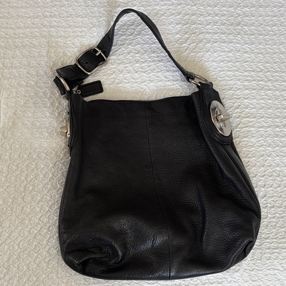 Coach Black Leather Shoulder Bag with Silver Accents